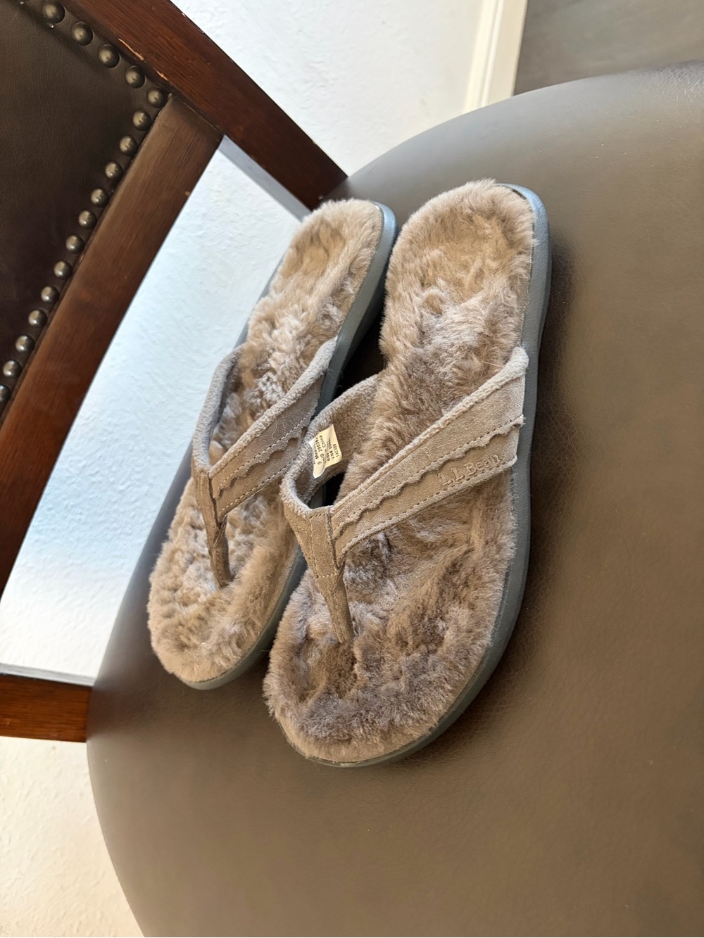 L.L. Bean Women's Fuzzy Flip-Flop Sandals in Taupe